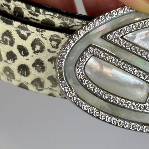 Cabi Snake Print Embossed Leather Belt Emblem Buckle w/Rhinestones Pearl Inlay M